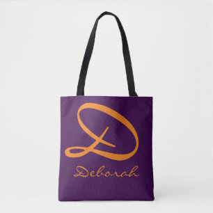 Tela bolso de teta morado con nombre naranja