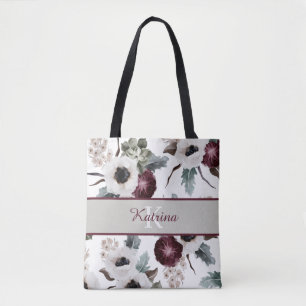 Tela Bolso de tote con flores de acuarela monogramadas