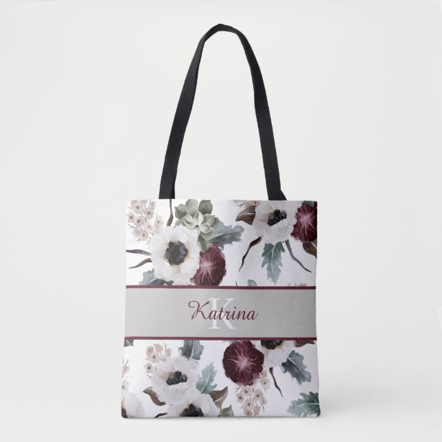 Tela Bolso de tote con flores de acuarela monogramadas (Anverso)