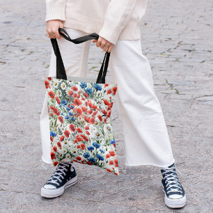 Tela Bolso de tote de acuarela de amapola de flor silve