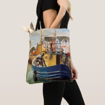 Bolso de tote de barco de pesca en el puerto