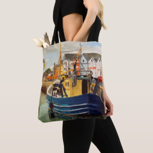 Tela Bolso de tote de barco de pesca en el puerto