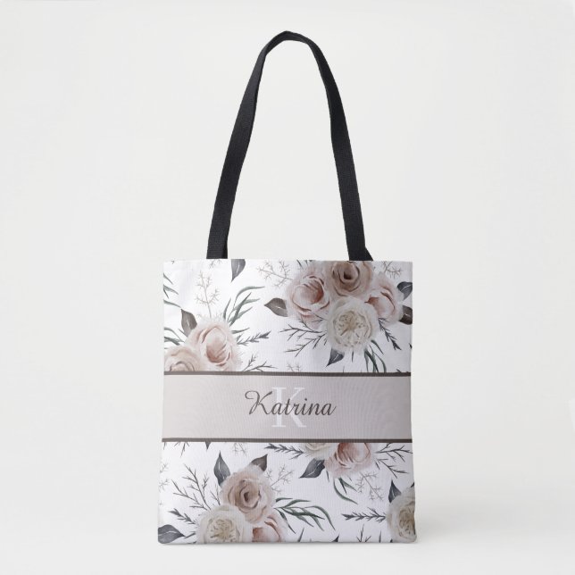 Tela Bolso de tote de rosa acuarela monogramada (Anverso)