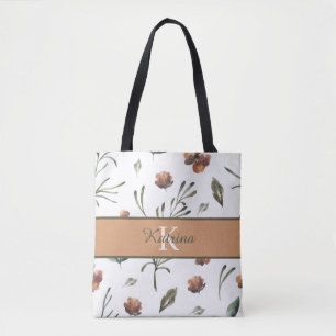 Tela Bolso de tote floral con iniciales en acuarela