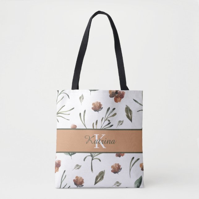 Tela Bolso de tote floral con iniciales en acuarela (Anverso)