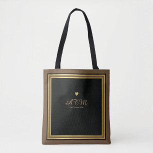 Tela bolso de tote monogramado marrón con corazones de 