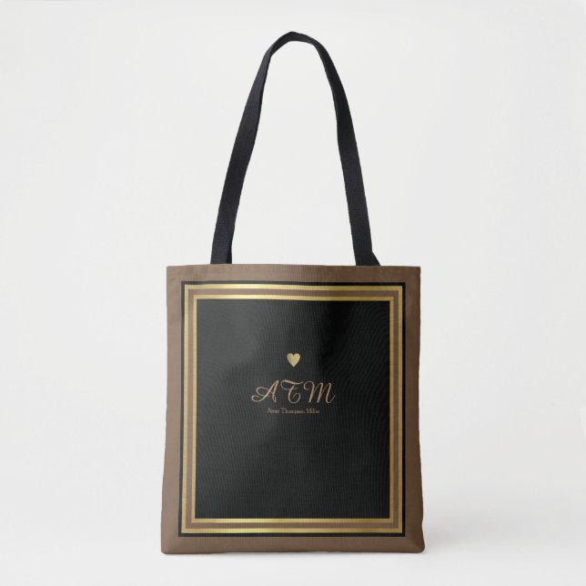 Tela bolso de tote monogramado marrón con corazones de  (Anverso)