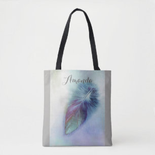 Tela bolso de tote personalizado de arte de plumas azul