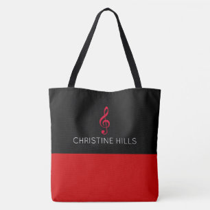 Tela bolso de tote rojo / negro con nombre + nota music