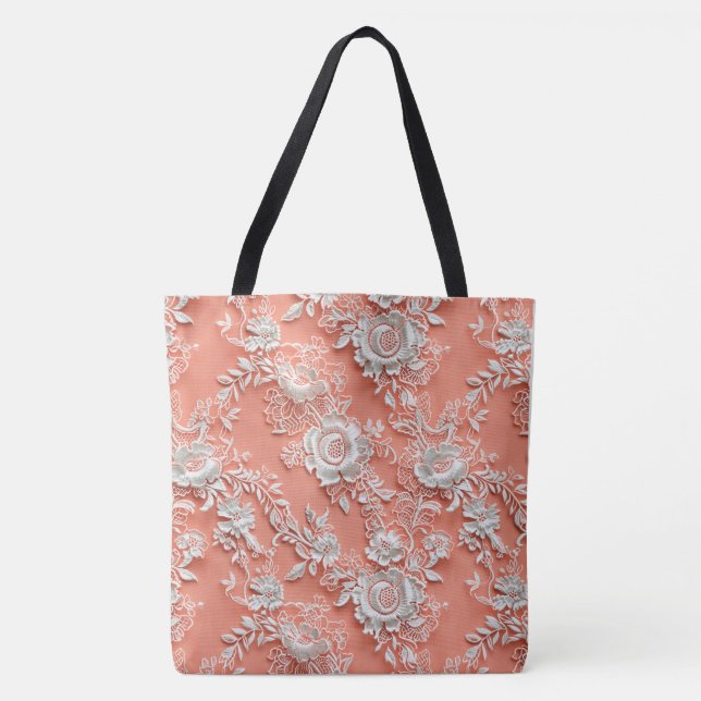 Tela Bolso Grande de Hombro con Encaje Floral Coral Int (Anverso)