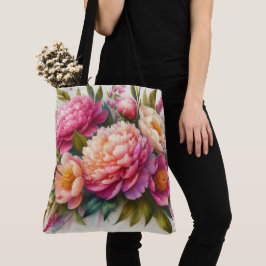 Tela Bolso grande de peonías rosadas florales