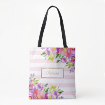 Bolso grande floral de acuarela con rayas rosadas