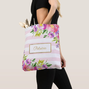 Tela Bolso grande floral de acuarela con rayas rosadas