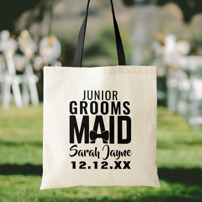 Tela Bolso moderno para la comitiva de boda Junior Groo (Perfect wedding favor for your Junior Groomsmaid or Bridesmaid. Just add her name and your wedding)