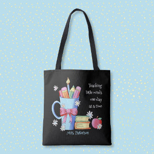 Tela Bolso negro de tote para maestro con cita y nombre