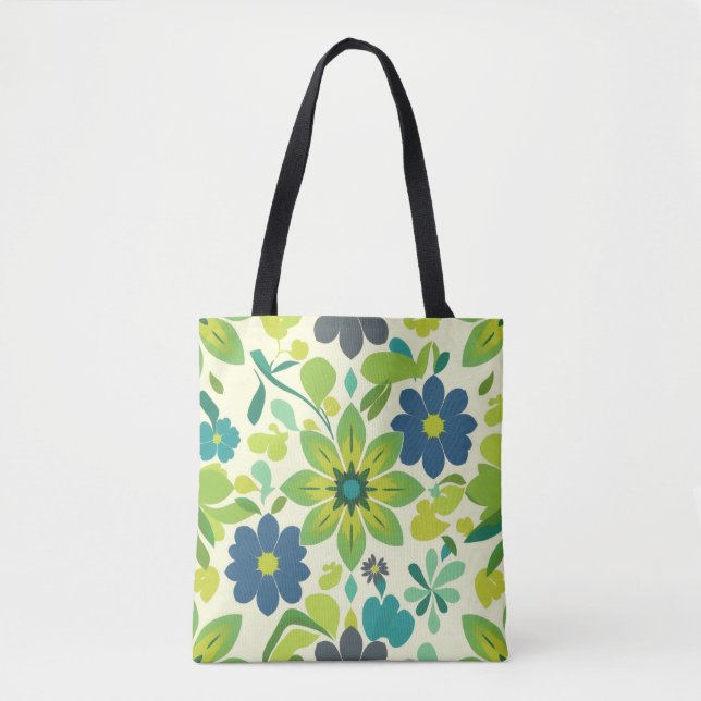 Tela Bolso Tot de Flores Blanco Verde y Azul (Anverso)