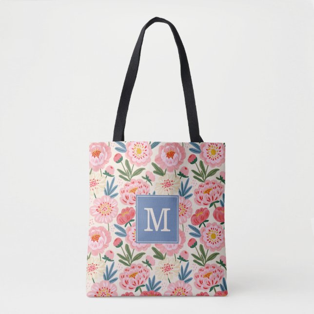 Tela Bolso Tot de Flores de Peonía Rosadas (Anverso)