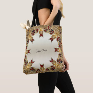 Tela Bolso Tot de Flores Doradas Piedra Preciosa Roja