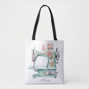 Tela Bolso Tot de Máquina de Coser Floral Azul