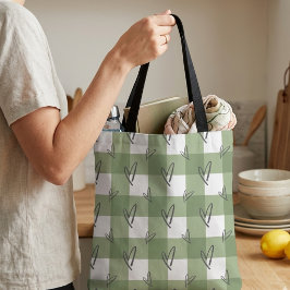 Tela Bolso Tote AOP de Gingham Corazón Verde Sage Estét