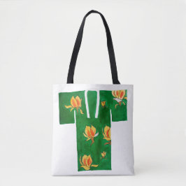 Tela Bolso tote con diseño de nagajuban verde y amarill