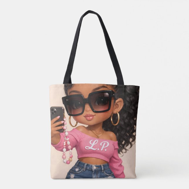 Tela Bolso tote con ilustración de mujer chic chibi (Reverso)