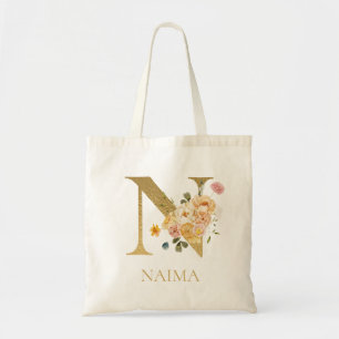 Tela Bolso Toté con Monograma de Letra N Dorada y Flora