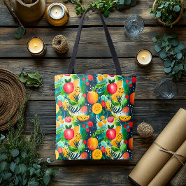 Tela Bolso tote con patrón de frutas vibrantes para una