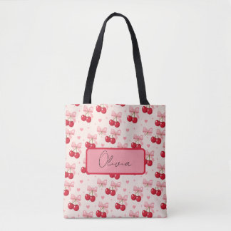 Tela Bolso tote Coquette de cereza linda y lazo rosa