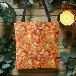 Tela Bolso Tote Cosecha Dorada con Hojas de Otoño Vibra