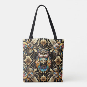 Tela Bolso tote de búhos arcoíris Art Deco