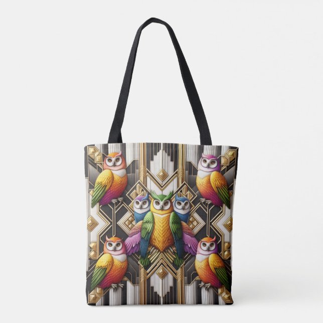 Tela Bolso tote de búhos arcoíris Art Deco (Reverso)