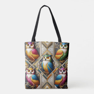 Tela Bolso tote de búhos arcoíris Art Deco