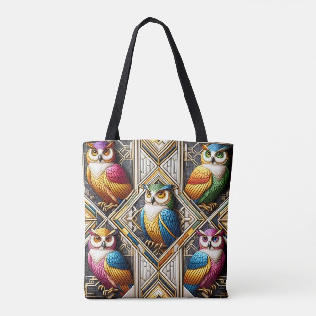 Tela Bolso tote de búhos arcoíris Art Deco (Reverso)