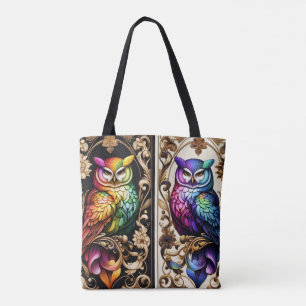 Tela Bolso tote de búhos arcoíris Art Deco