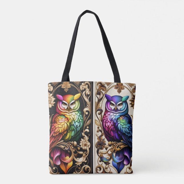 Tela Bolso tote de búhos arcoíris Art Deco (Reverso)