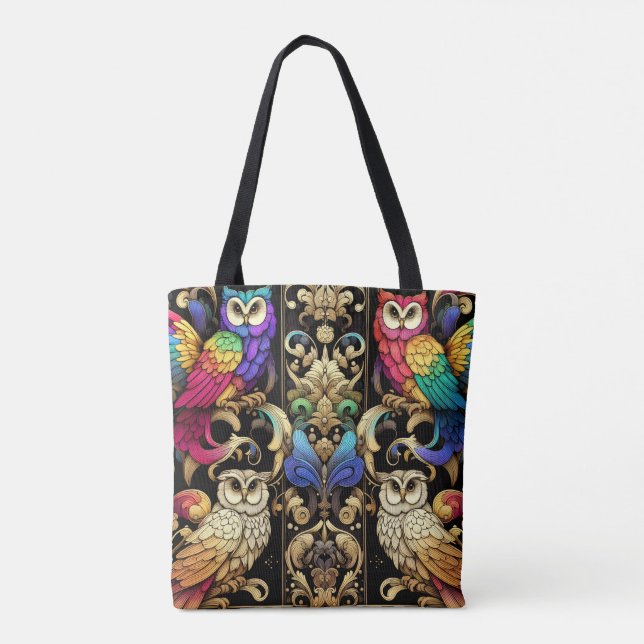 Tela Bolso tote de búhos arcoíris Art Deco (Reverso)