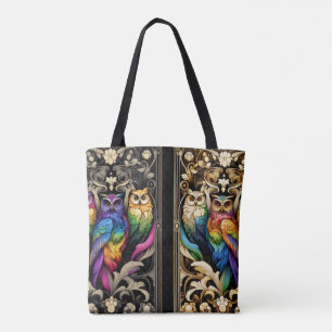Tela Bolso tote de búhos arcoíris Art Deco