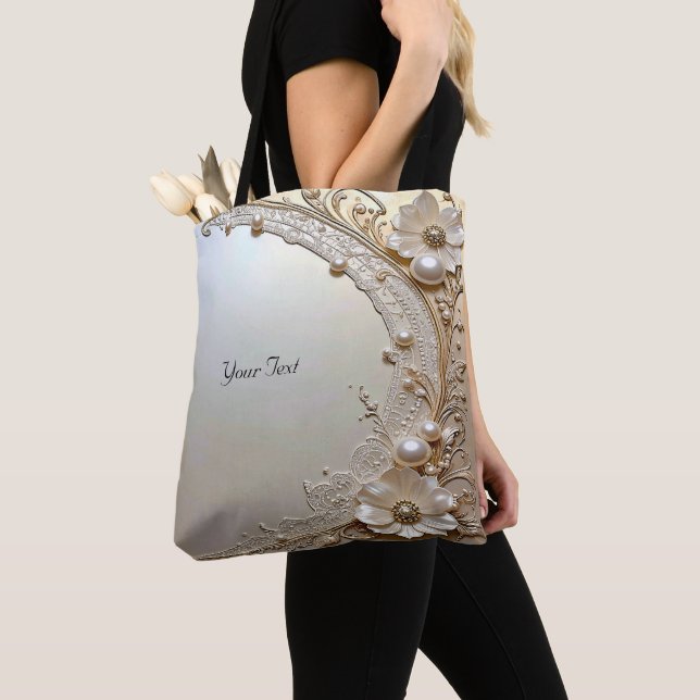Tela Bolso tote de flores blancas modernas perlas (Detalle)