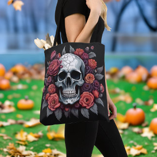 Tela Bolso Tote de Halloween Gótico Cráneo Chic con Ros