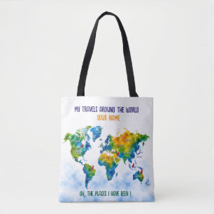 Tela Bolso tote de hombro con mapa del mundo de acuarel