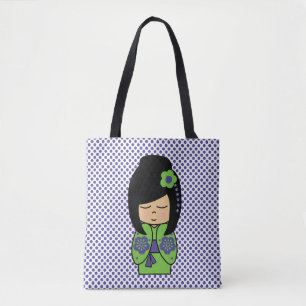 Tela Bolso tote de Kokeshi Doll Green Purple estampado