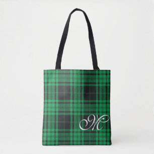 Tela Bolso Tote de Monograma de Cuadros Verdes