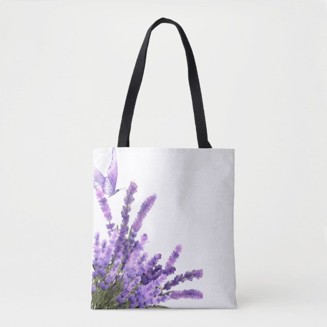 Tela bolso tote de primavera, flores de lavanda (Anverso)