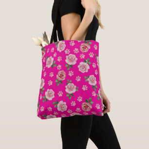 Tela Bolso tote de rosa y huella de pata de acuarela