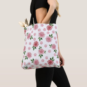 Tela Bolso tote de rosa y huella de pata de acuarela