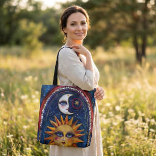 Tela Bolso tote de sol y luna con arte celestial vibran