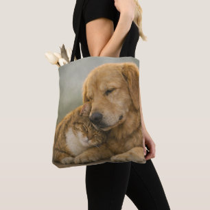 Tela Bolso Tote Estampado Completo de Perro y Gato Abra