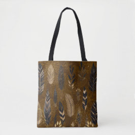 Tela Bolso Tote Marrón con Estampado de Pluma