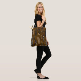 Tela Bolso Tote Marrón con Estampado de Pluma
